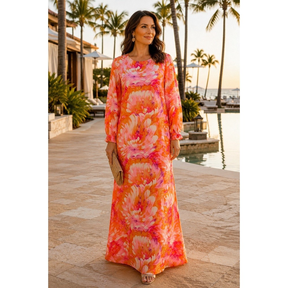Vintage Parisa Honolulu Hawaiian M Floral Maxi Dress Pink Orange Mod Shift QQ35